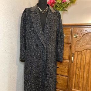 BBI Black Women's Vintage Textured Tweed Wool Overcoat w/ Leather Trim L XL